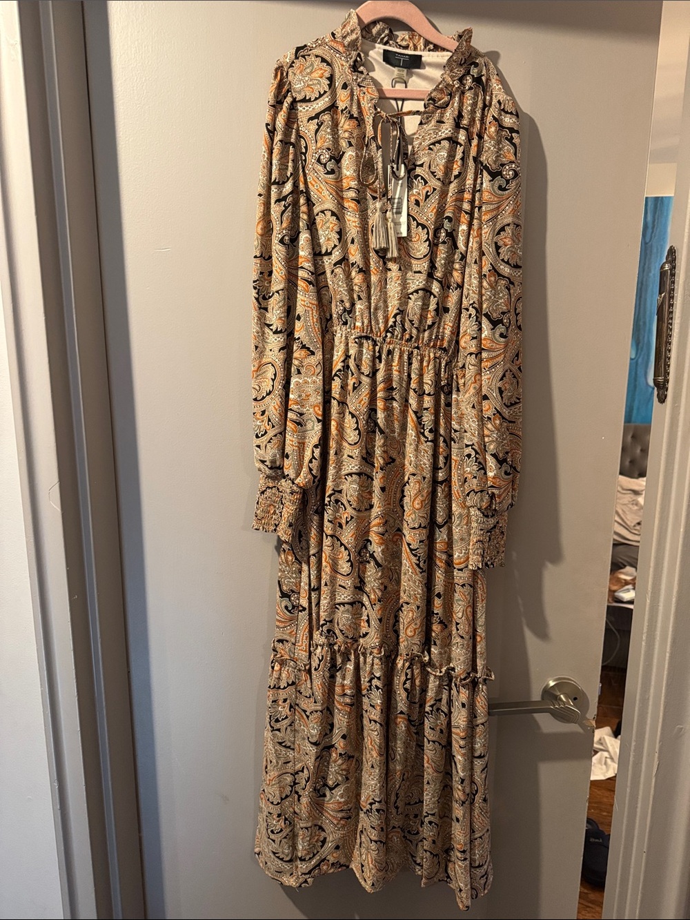 Tahari Paisley Midi Dress in Beige, Black & Gold